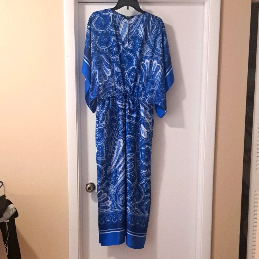 Ralph Lauren Vneck  Blue Paisley Maxi Caftan  Dress Slit Sides Batwing  Sleeve 8